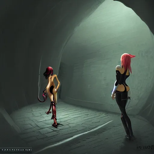 Image similar to a boy victim being intimidated by a succubus in a leather suit, devi wings, cracked brick wall, long hallway, light at the end of the tunnel, volumetric lighting, concept art, detailed, dramatic lighting, by hayao miyazaki