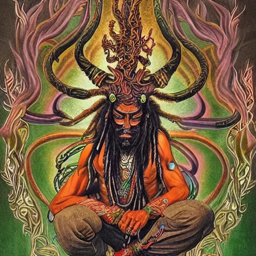Prompt: a hyper-detailed painting with high details and textures of a psychedelic demon with dreadlocks horns and several eyes, he is in a meditation position and has an open third eye and mystical spiritual powers, the mix cernunnos + shiva