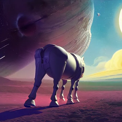 Prompt: in space the spherical horse in vacuum, hyperrealism, no blur, 4 k resolution, ultra detailed, style of ron cobb, adolf hiremy - hirschl, syd mead, ismail inceoglu, rene margitte