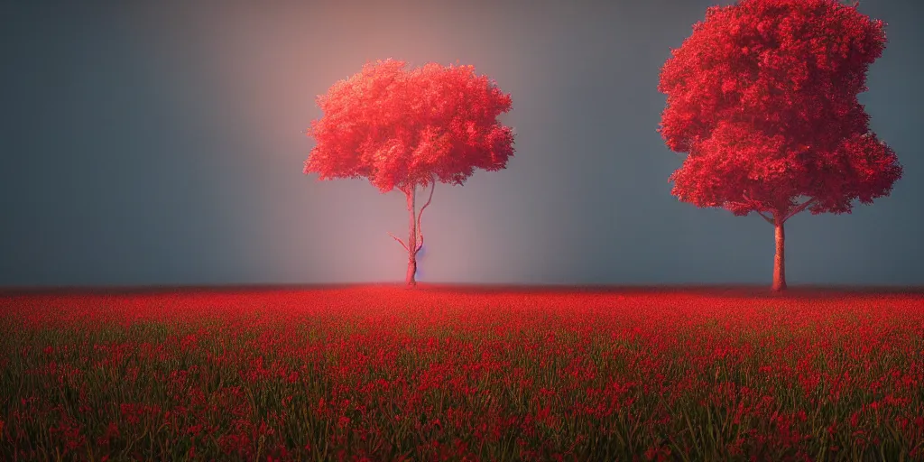 Image similar to a single big red tree in the middle of a battlefield near a bunch of red flowers at sunrise, hyperrealistic, concept art, octane render, unreal engine 5, trending on Artstation, high quality, 8K, dramatic lighting, cinematic, high coherence, highly detailed, Midjourney style, epic scene, path traced, low contrast, complementary colors