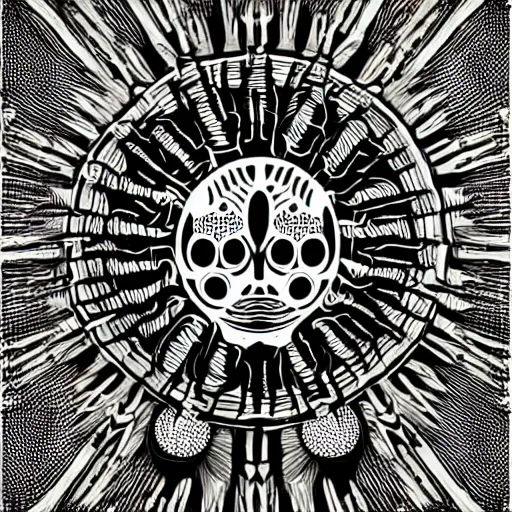 Image similar to a circular vector tattoo design in a spiky tribal style, and in the style of h. r. giger.