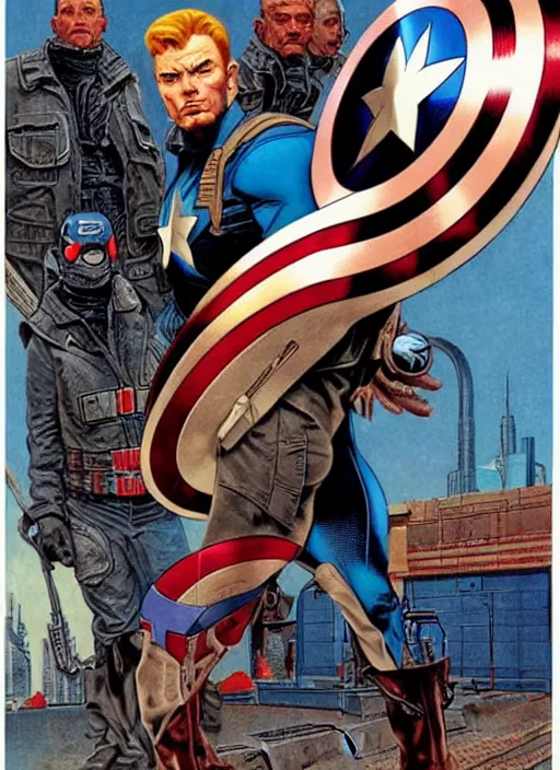 Prompt: captain america as a cyberpunk mercenary. portrait by clyde caldwell and jean giraud and anton otto fischer and john philip falter and will eisner and gil elvgren