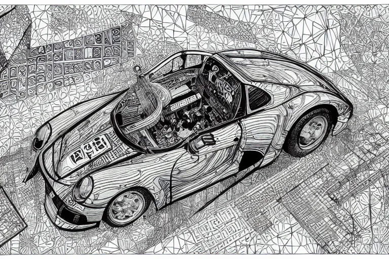 Image similar to a black and white drawing of a porsche 9 5 9 deconstructed schematic, a detailed mixed media collage by hiroki tsukuda and eduardo paolozzi and moebius, intricate linework, sketchbook psychedelic doodle comic drawing, geometric, street art, polycount, deconstructivism, matte drawing, academic art, constructivism