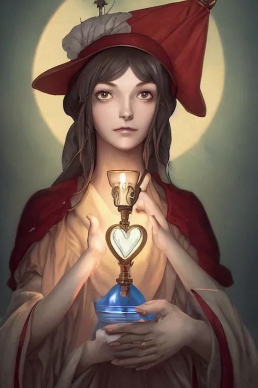 Prompt: portrait of florence nightingale holding a faloon lamp to her heart wearing a nurses cap ; by james jean, charlie bowater, tom bagshaw, nikolay makovsky, melanie delon : : enchanting, colorful, ethereal, portrait, manga character design, illustration, hyperrealism, digital art, concept art, fantasy makoto shinkai takashi takeuchi studio ghibli