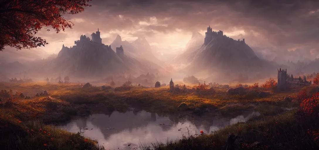 Prompt: beautiful render of a autumn landscape, unreal engine, dark fantasy style, first light, majestic mountains, swamps, morning mist, dramatic clouds, big castle ruin, soft light, by greg rutkowski, cgsociety