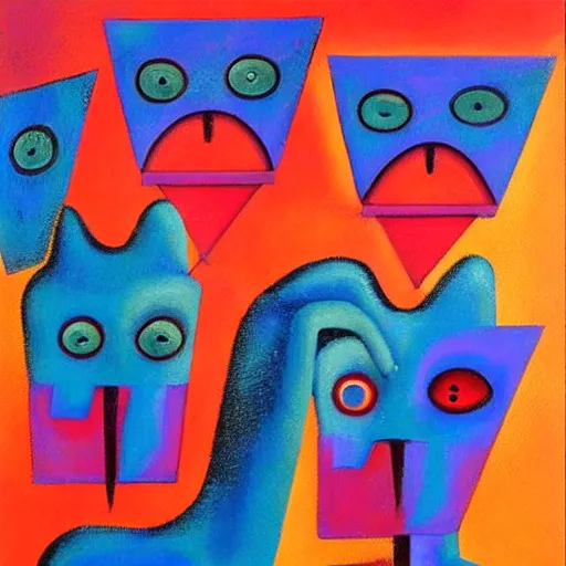 Image similar to Oil painting by Rufino Tamayo. Mechanical gods with bird faces kissing. Oil painting by Lisa Yuskavage.