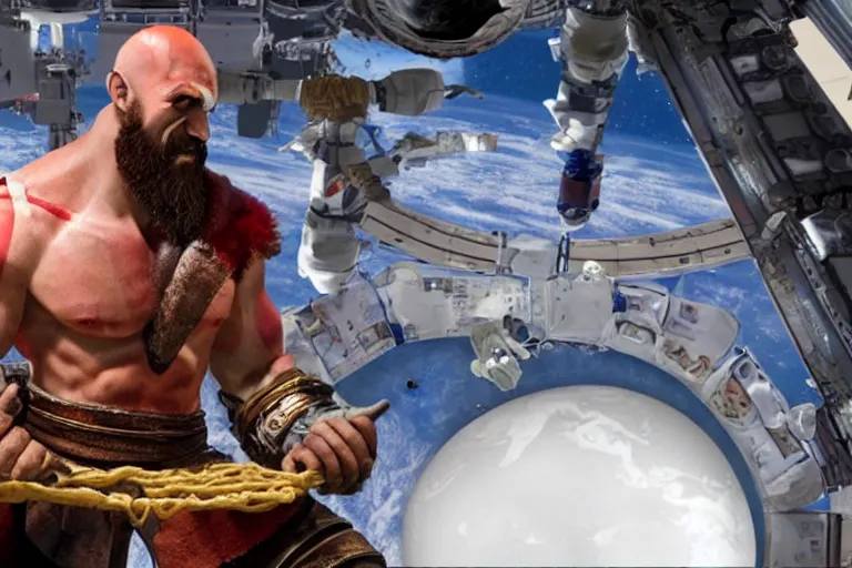Image similar to kratos from the god of war videogame eating ramen noodles in the international space station