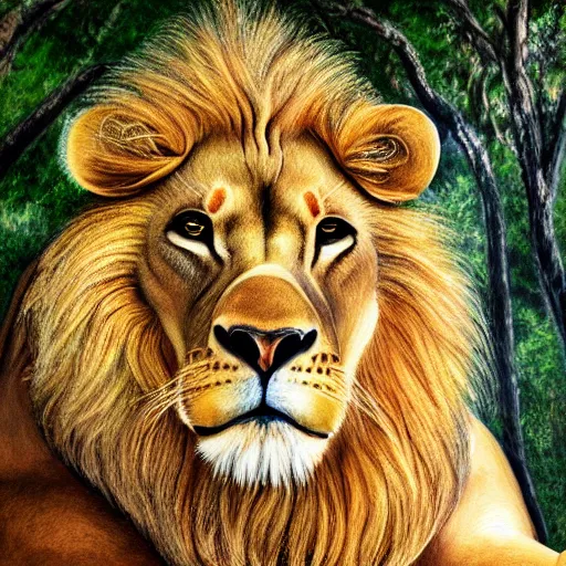 Prompt: photorealistic painting of a lion face, under a savannah tree