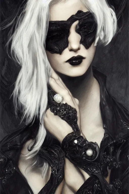 Image similar to a handsome man, short white hair, goth, intricate, elegant, dramatic lighting, gorgeous face, black leather jacket, highly detailed, lifelike, photorealistic, digital painting, artstation, illustration, concept art, smooth, sharp focus, art by John Collier and Albert Aublet and Krenz Cushart and Artem Demura and Alphonse Mucha
