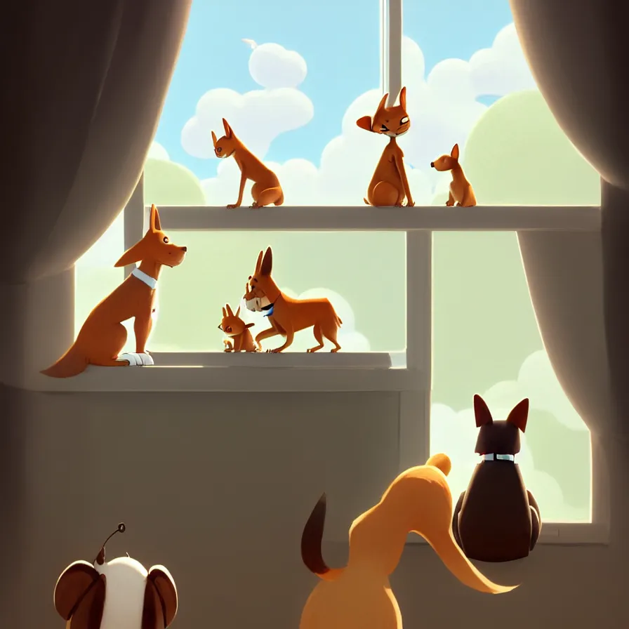 Image similar to Goro Fujita illustrating View from behind of a brown and white dog sitting, ears up and tail active, watching the living room window, art by Goro Fujita, sharp focus, highly detailed, ArtStation