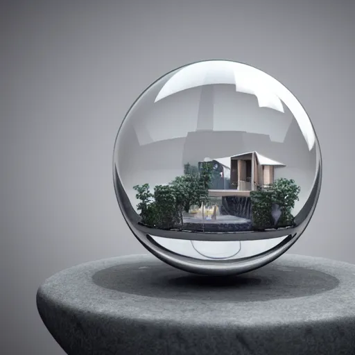 Image similar to crystal sphere with mini modern house inside it, octane render hyperdetailed,