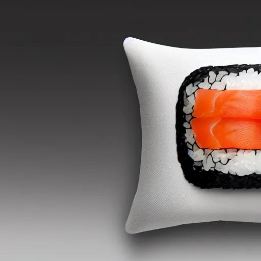 Image similar to a pillow in the shape of sushi, product photography, highly detailed, epic lighting, hyper photorealism, 8 k