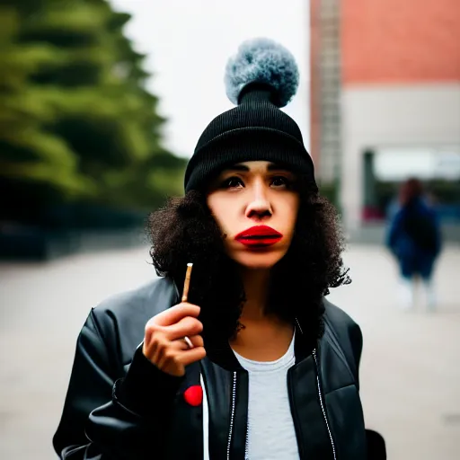 Image similar to Photograph of a mixed woman smoking, wearing a black beanie and black bomber jacket, urban environment, depth of field, 4k, 8k, hd, sigma 85mm f/1.4