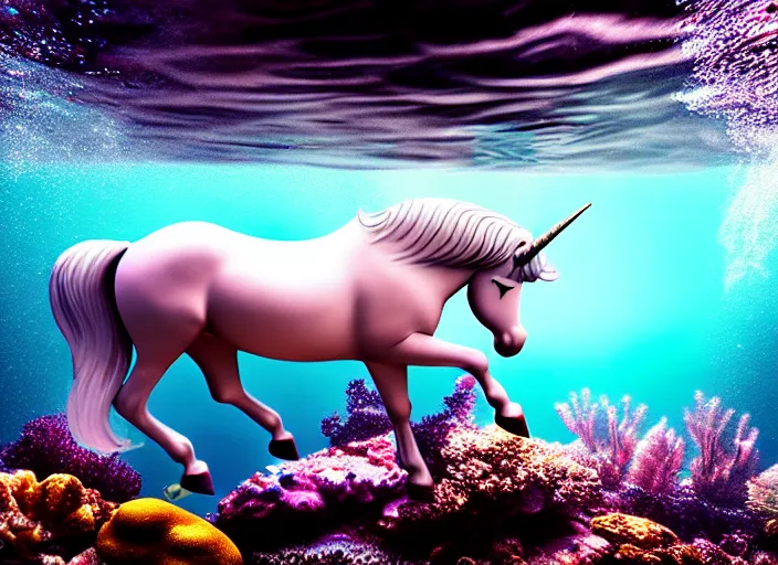 Image similar to under water unicorn, water light scattering, underwater photography, high details, 8 k, realistic shot, cinematic lighting