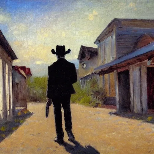 Image similar to the man in black and a revolver in hand walking around an abandoned western town, impressionist painting