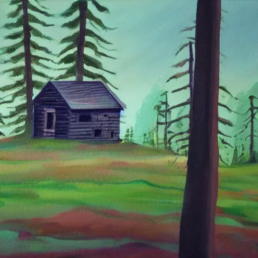 Image similar to a painting of a eerie cabin in the middle of the woods in the style of alison geissler