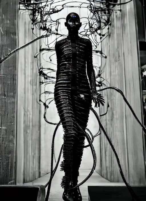 Prompt: walking down the catwalk, steven klein, show, stage, vogue photo, podium, fashion show photo, historical baroque dress, iris van herpen, beautiful woman, full body shot, masterpiece, intricate, wires, veins, jellyfishs, biopunk, guyver, highly detailed