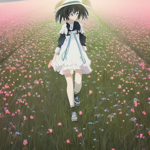 Image similar to portrait of the girl walking through the floss flower field, anime fantasy illustration by tomoyuki yamasaki, kyoto studio, madhouse, ufotable, square enix, cinematic lighting, trending on artstation