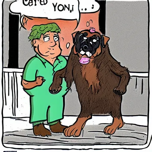 Image similar to Rottweiler wearing caveman attire, cartoon