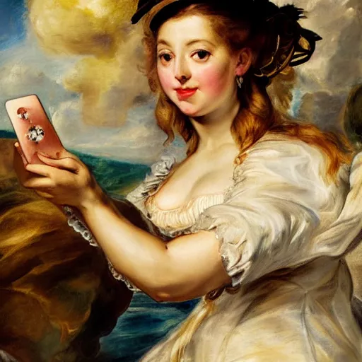 Prompt: heavenly summer sharp land sphere scallop well dressed lady taking a selfie with her cellphone auslese, by peter paul rubens and eugene delacroix and karol bak, hyperrealism, digital illustration, fauvist, cellphone