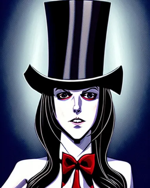 Image similar to beautiful Anna Kendrick Zatanna DC Comics floating on stage, wearing a top hat, symmetrical face symmetrical eyes, smiling, fantasy, intricate details, atmospheric, elegant, concept art, art by eiichiro oda, Joshua Middleton art