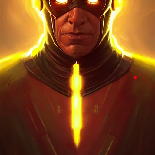 Image similar to Homelander as Reverse Flash with glowing red eyes, western, D&D, fantasy, intricate, elegant, highly detailed, digital painting, artstation, concept art, matte, sharp focus, illustration, art by Artgerm and Greg Rutkowski and Alphonse Mucha