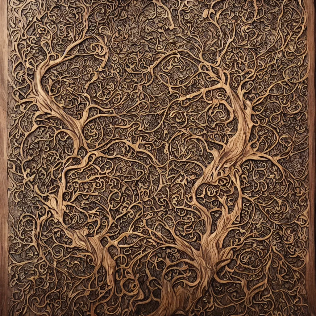 Image similar to wood relief carving of world tree, tree of life, yggdrasil, stygian, evil, shoggoth + exquisite, ornate, intricately carved, fractal, tarot, intricate details, art deco, hokusai, mohrbacher, alphonse mucha, photo realistic, redshift, spotlight