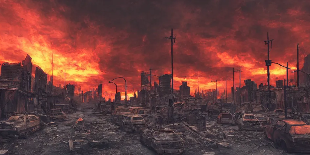 Prompt: post apocalyptic city with burning sky on fire