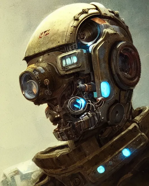 Image similar to a rugged research engineer man with cybernetic enhancements, detailed optics mask, scifi character portrait by greg rutkowski, esuthio, craig mullins, 1 / 4 headshot, cinematic lighting, dystopian scifi gear, gloomy, profile picture, mechanical, half robot, implants, steampunk, warm colors