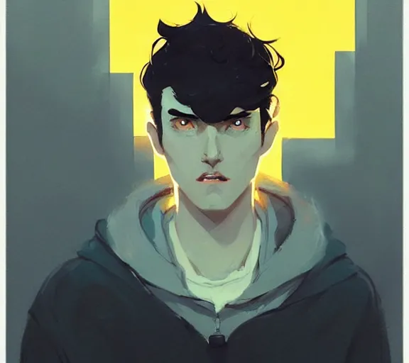 Prompt: portrait man with black hair and yellow eyes, by atey ghailan, by greg rutkowski, by greg tocchini, by james gilleard, by joe fenton, by kaethe butcher, by ashley wood, dynamic lighting, gradient light blue, brown, blonde cream and white color scheme, grunge aesthetic