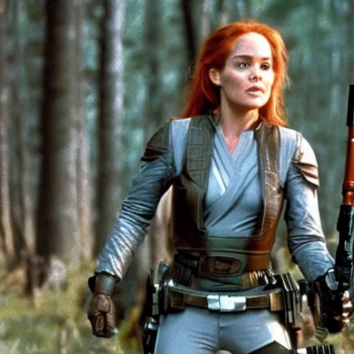 Image similar to movie still of cute young sharon stone as bounty hunter mara jade on the forested mountain planet wayland in star wars episode vii : heir to the empire ( 1 9 9 1 ) ; bare arms ; leather