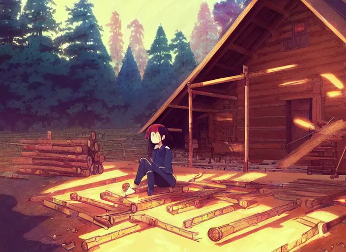 Image similar to portrait of a woman building a log cabin, illustration concept art anime key visual, very trippy and abstract, trending pixiv fanbox by wlop and greg rutkowski and makoto shinkai and studio ghibli and kyoto animation