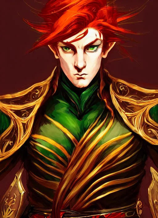 Image similar to Half body portrait of a handsome young red haired elven monk prince with dragon eyes, red, green and gold ornate robe. In style of Yoji Shinkawa and Hyung-tae Kim, trending on ArtStation, dark fantasy, great composition, concept art, highly detailed.