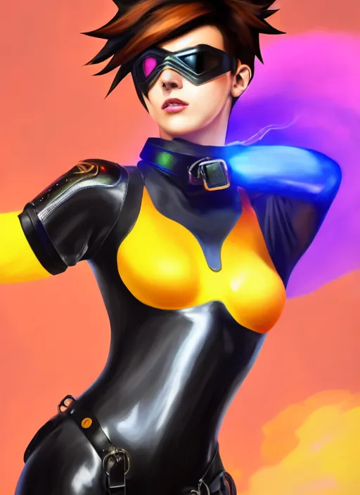 Image similar to oil painting digital artwork of tracer overwatch, confident pose, wearing black iridescent rainbow latex, 4 k, expressive happy smug expression, makeup, in style of mark arian, wearing leather collar, wearing sleek armor, black leather harness, expressive detailed face and eyes,