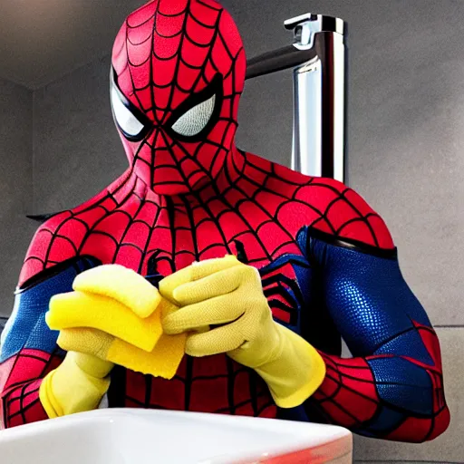 Image similar to spider-man cleaning the sink with a sponge, 4k realistic photo