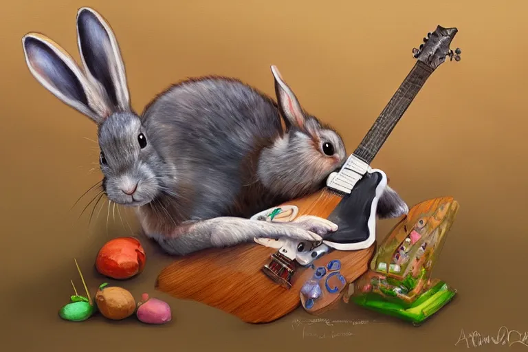 Image similar to A hyperdetailed digital oil painting of A rabbit is playing the guitar,cartoon, Trending on ArtStation and DeviantArt