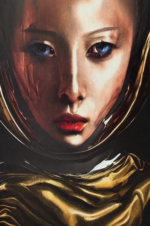 Image similar to hyperrealism oil painting, close-up portrait of medieval fashion model, knight, steel gradient mixed with nebula sky, in style of baroque mixed with 70s japan book art