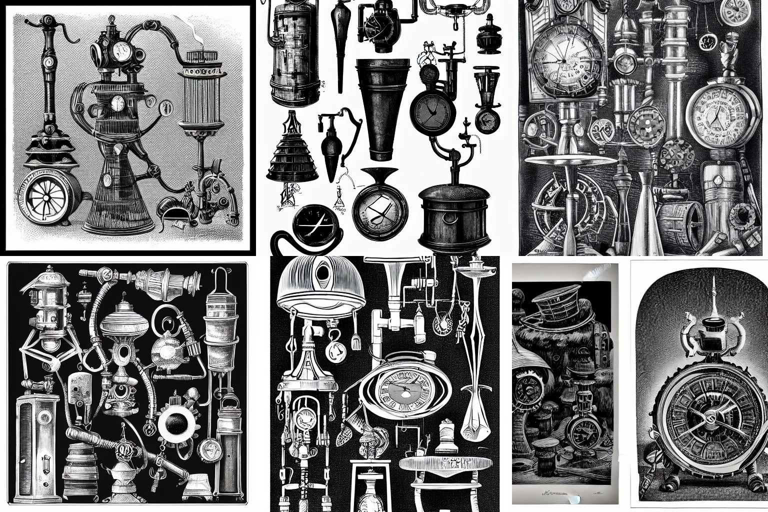 Prompt: black and white lithograph of some mysterious and arcane steampunk objects. fine lines, very high details