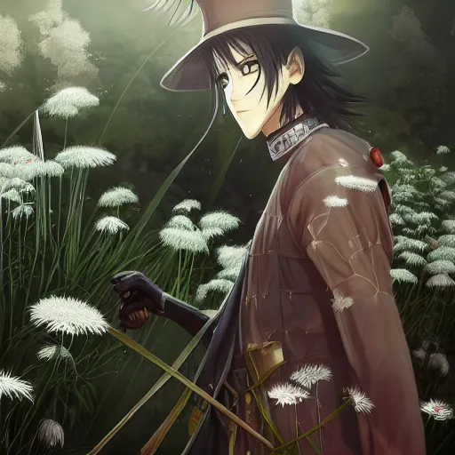 Image similar to portrait of odu nobukatsu combusting in the field of spider lilies, anime fantasy illustration by tomoyuki yamasaki, kyoto studio, madhouse, ufotable, square enix, cinematic lighting, trending on artstation