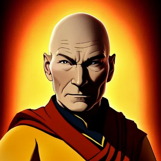 Image similar to a portrait of Patrick Stewart as airbending master Tenzin by Zack Snyder, Christopher Nolan, Steven Spielberg, Avatar the Last Airbender, Legend of Korra, 8k photorealistic, cinematic lighting, HD, high details, dramatic, trending on artstation, view from below, dark atmosphere