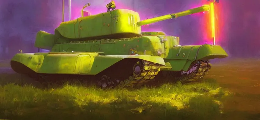 Prompt: beautiful masterpiece painting of a food truck army tank in a future radioactive glowing swamp, halo vehicle, grunge cyberpunk, by Remedios Varo and Anato Finnstark and Greg Rutkowski, dayglo pink, dayglo blue, by Craig Mullins, ilya kuvshinov, krenz cushart, artgerm, 8k, trending on ArtStation
