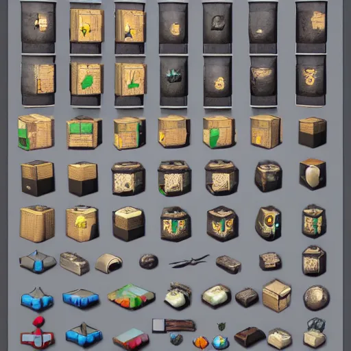 Prompt: modular inventory game items, very realistic , artstation, concept art ,