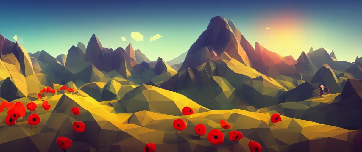 Prompt: 3 d render, mountain landscape, digital art, low poly art, minimalist, poppy, journey game, lowpoly landscape, particles floating, unreal engine, dreamy, brush strokes, bounce light, sunny, complementary palette, redsinski