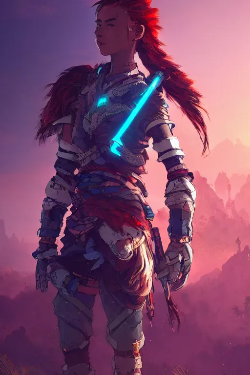 Image similar to combination suit armor aloy horizon forbidden west horizon zero dawn radiating a glowing aura global illumination ray tracing hdr fanart arstation by ian pesty and alena aenami artworks in 4 k tribal robot ninja mask helmet backpack