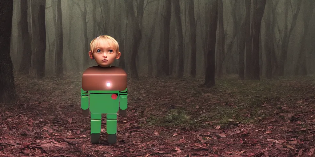 Image similar to child android abandoned in a forest, in the style of blade runner 2049