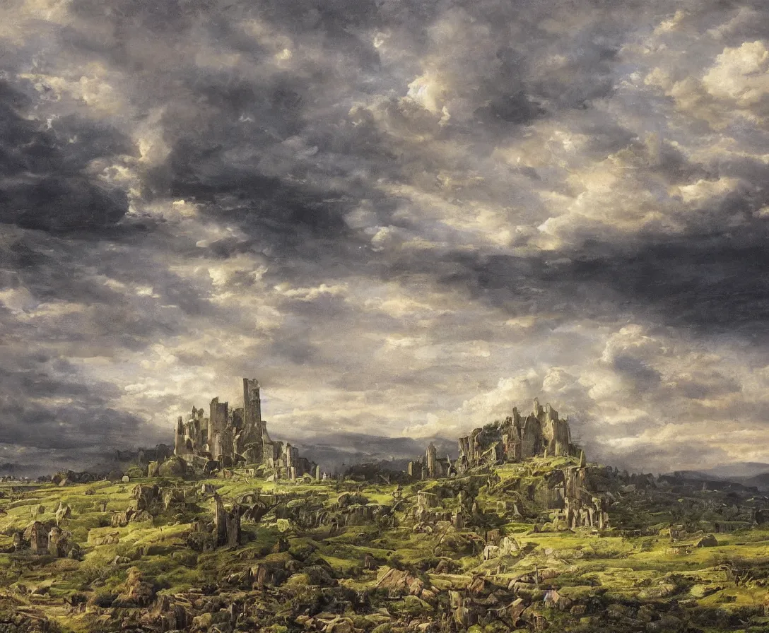 Prompt: A vast empty flat valley surrounded by Transylvanian mountains. A huge metal zeppelin in the sky among colorful clouds. The ruins of a medieval castle on the hillside in the background. No villages or buildings. Late warm evening light in the summer, gloomy weather. High quality, fantasy art by H.R. Giger.