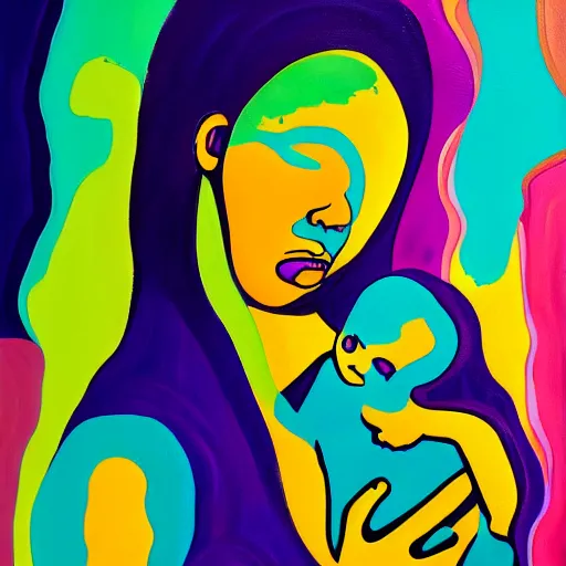 Prompt: a painting of a woman holding a baby, an ultrafine detailed painting by peter max and fiona rae and hernan bas and anna mond, featured on deviantart, metaphysical painting, biomorphic, fauvism, mixed media, photorealistic, dripping paint, palette knife texture, masterpiece