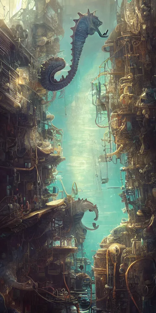 Prompt: a seafloor view of a seahorse swimming on the street corner of the steampunk city of Atlantis by Cedric Peyravernay, highly detailed, full view of seahorse, excellent composition, cinematic concept art, dramatic lighting, trending on ArtStation