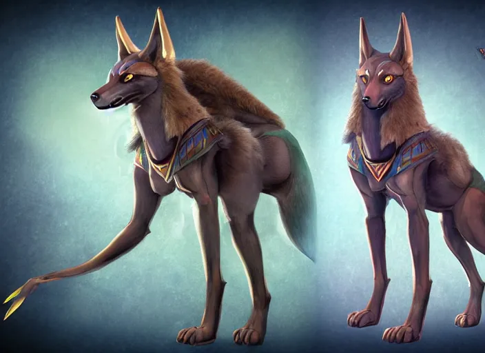Image similar to hd fullbody egyptian wolf anubis character design of a egyptian anubis monster wolf. egyptian wolf deviantart adoptable, deviantart species style of maple story and zootopia, artgerm, studio lighting by jessica rossier and brian froud, traditional, artstationhd artstation, zootopia, hq textures