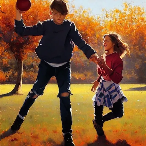 Image similar to a brother and sister throwing a ball around in autumn. playing catch. phil hale. rhads. repin.